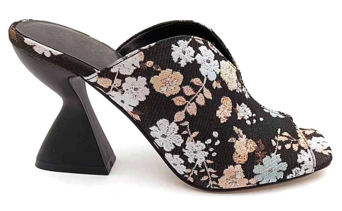 Brocade Jacquard Flower High Vamp Peep Toe Mule Met Sculpture Cake Stand Heel